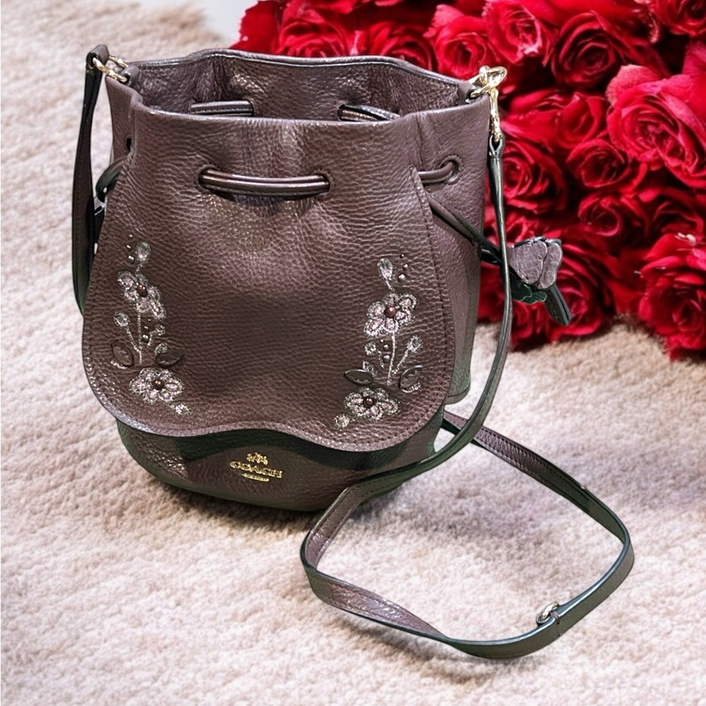 Coach 11917 Petal Shoulder Embroidered Floral Pebbled Leather Crossbody Bag.